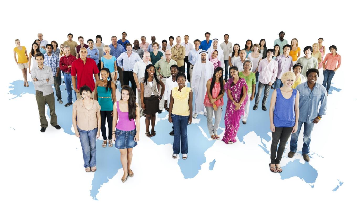 A lot of people standing on the map of the world